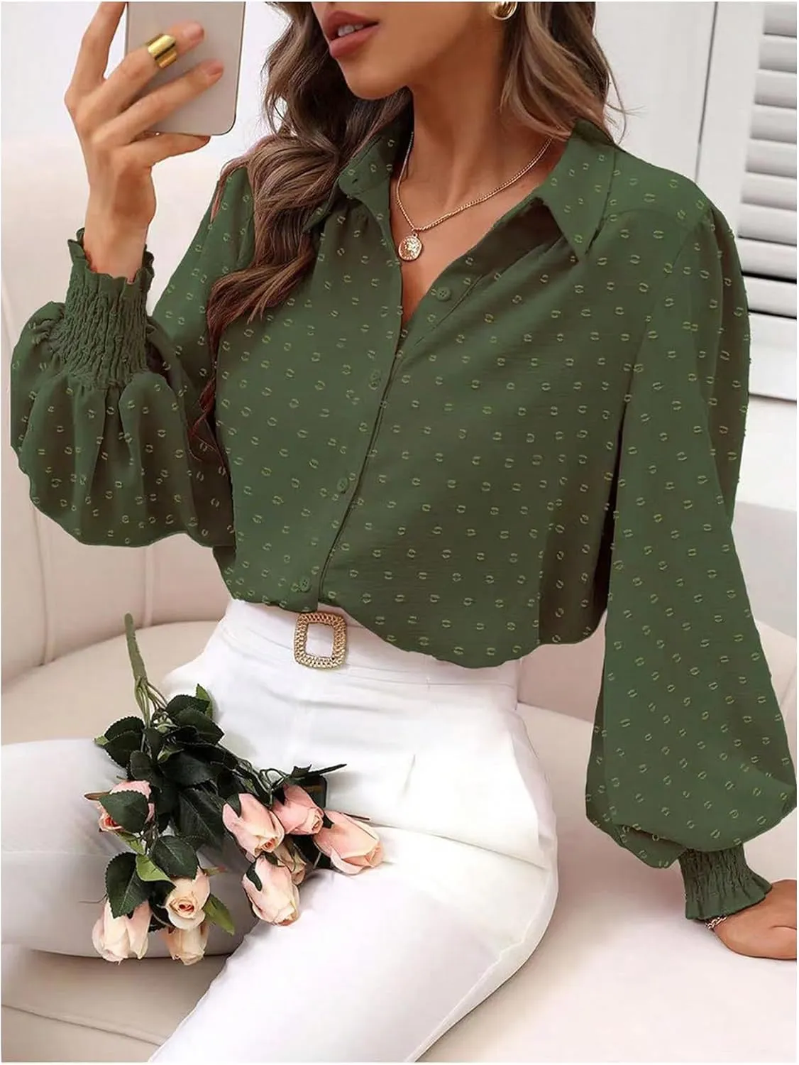 OYOANGLE Women's Elegant Swiss Dots Lantern Long Sleeve Button Down Blouse Work Collared Shirt Tops
