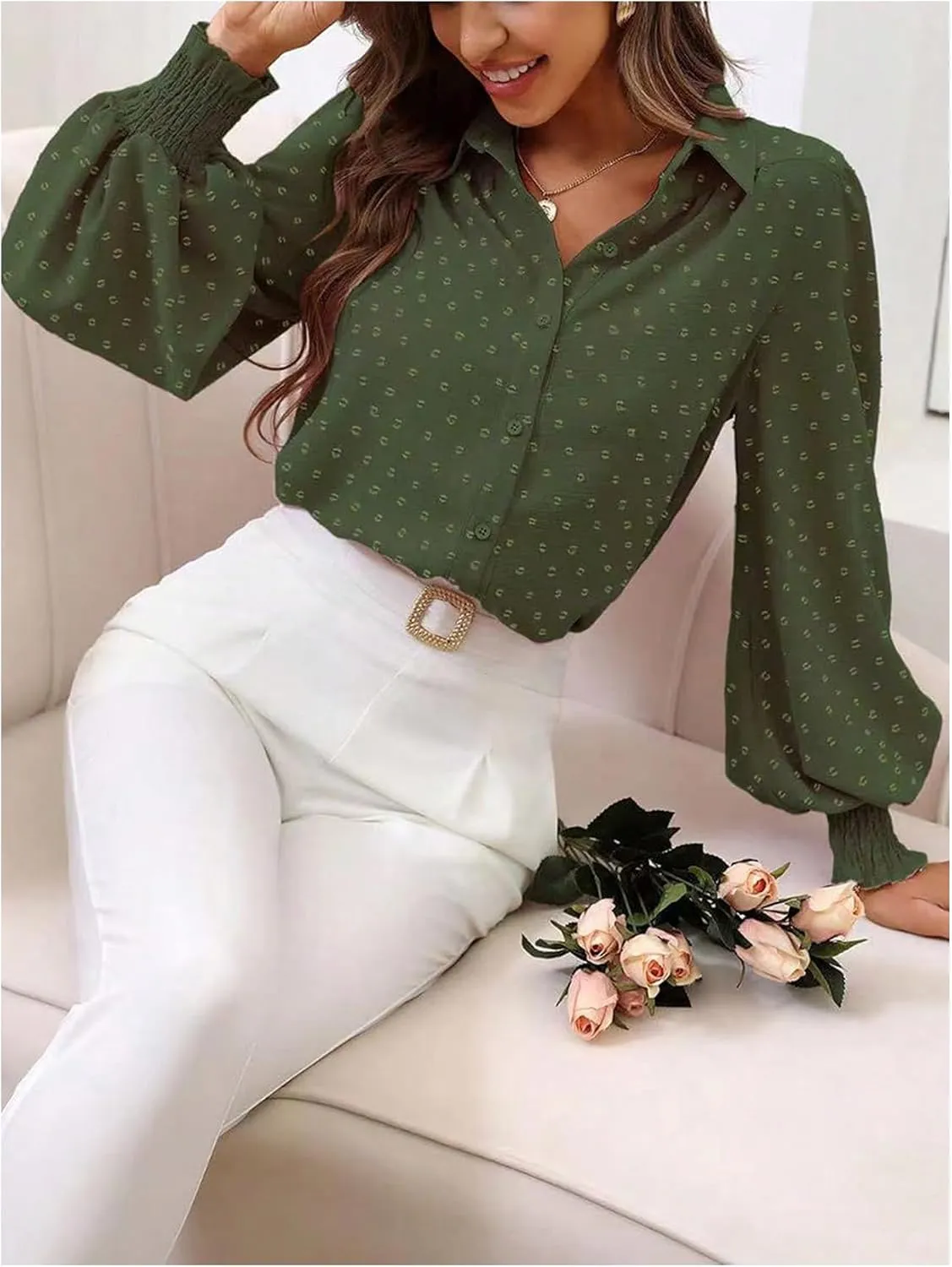 OYOANGLE Women's Elegant Swiss Dots Lantern Long Sleeve Button Down Blouse Work Collared Shirt Tops