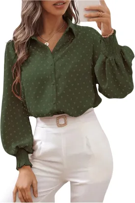OYOANGLE Women's Elegant Swiss Dots Lantern Long Sleeve Button Down Blouse Work Collared Shirt Tops