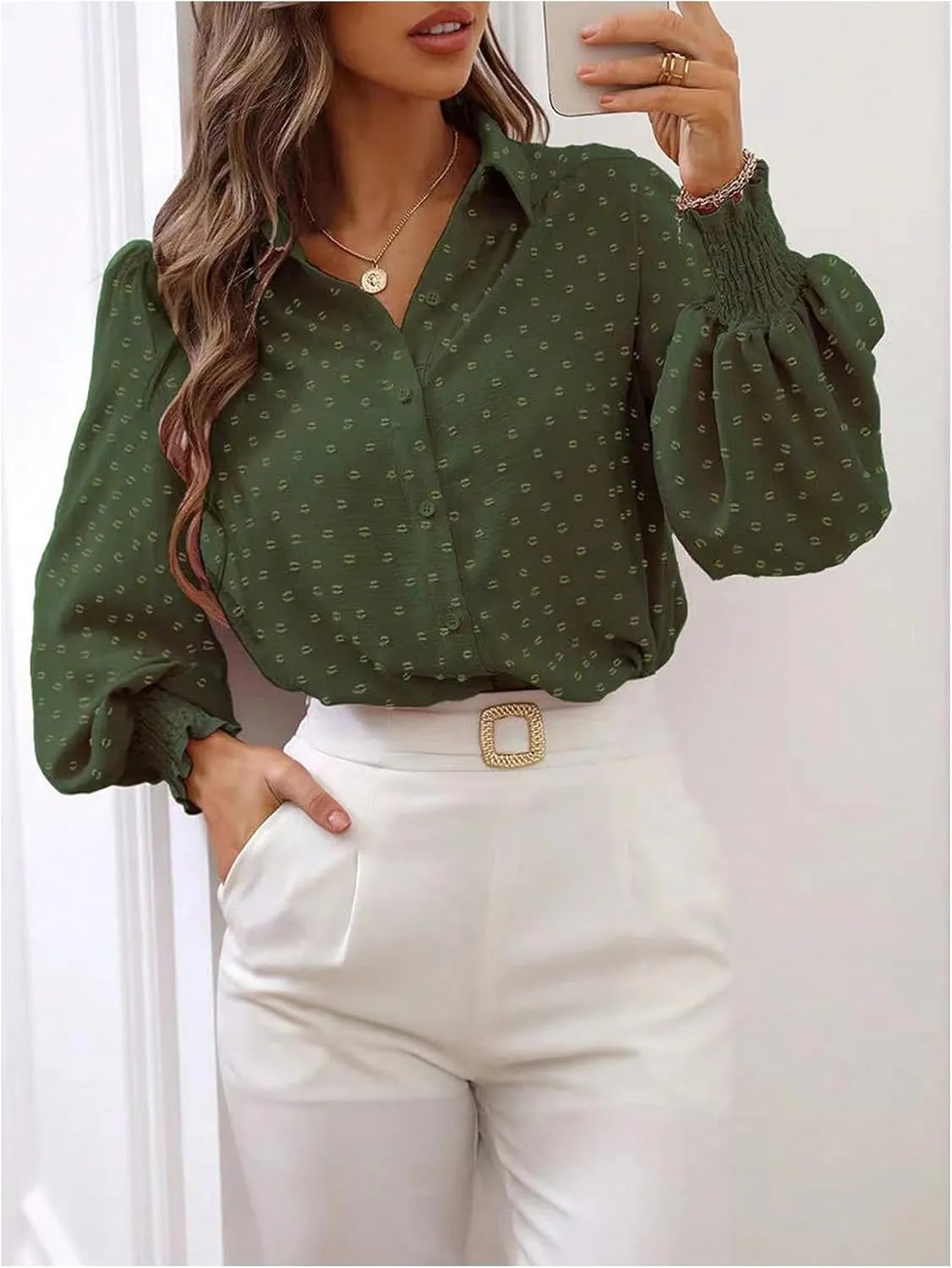 OYOANGLE Women's Elegant Swiss Dots Lantern Long Sleeve Button Down Blouse Work Collared Shirt Tops