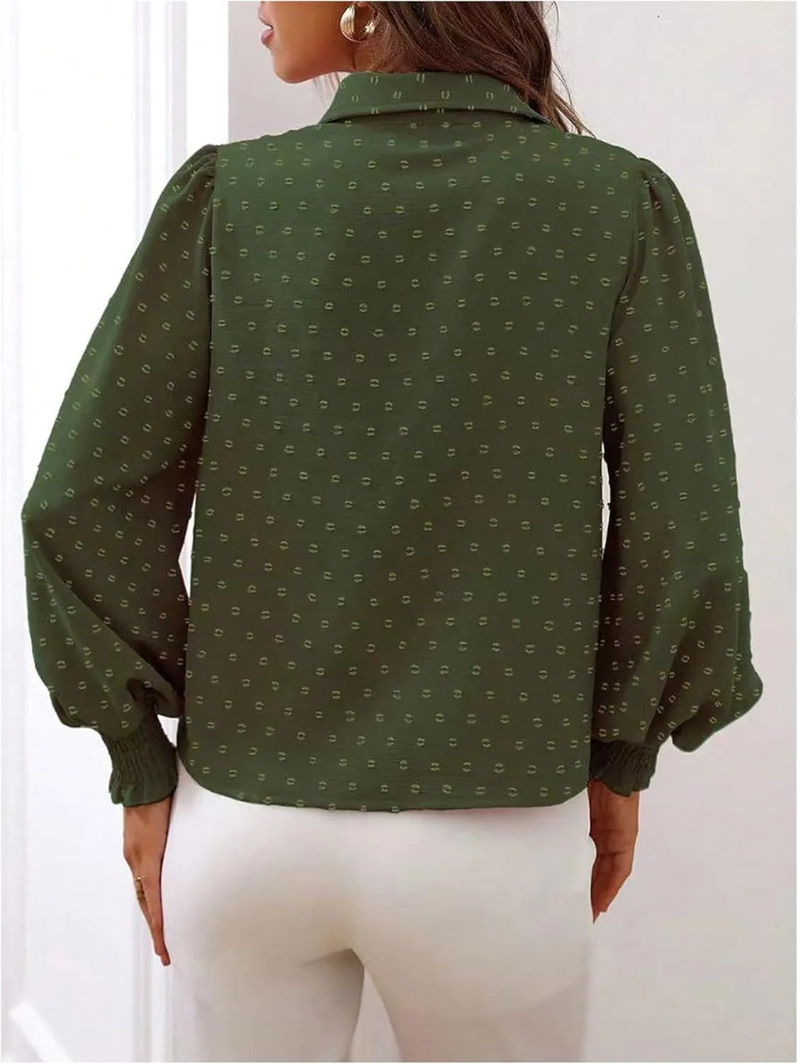 OYOANGLE Women's Elegant Swiss Dots Lantern Long Sleeve Button Down Blouse Work Collared Shirt Tops