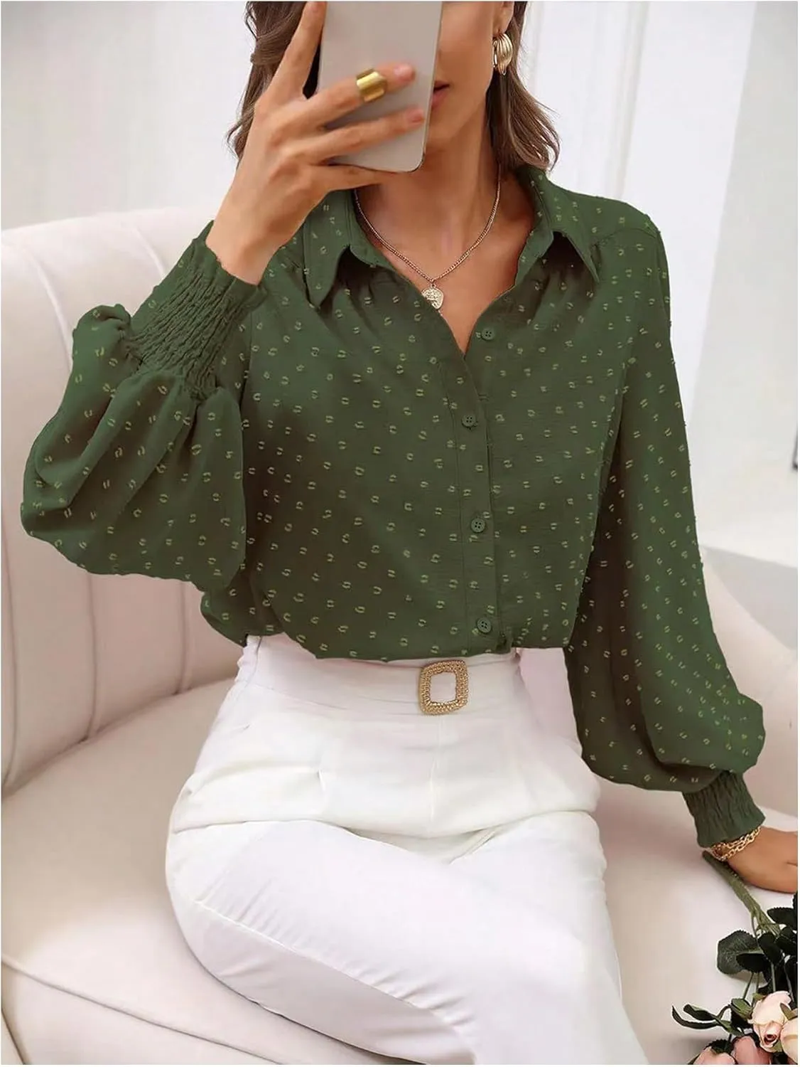 OYOANGLE Women's Elegant Swiss Dots Lantern Long Sleeve Button Down Blouse Work Collared Shirt Tops