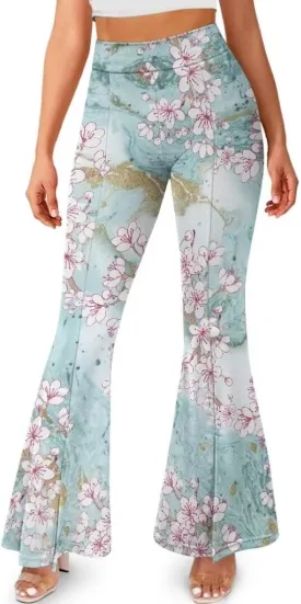 Retro Floral Women's High Waisted Slit Flared Leggings Tummy Control Yoga Pants Bell Bottom Trousers Plus Size Pants