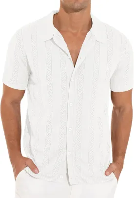 RQP Men's Casual Button Down Shirt Short Sleeve Vintage Clothes Knit Polo Shirts Summer Beach Shirts