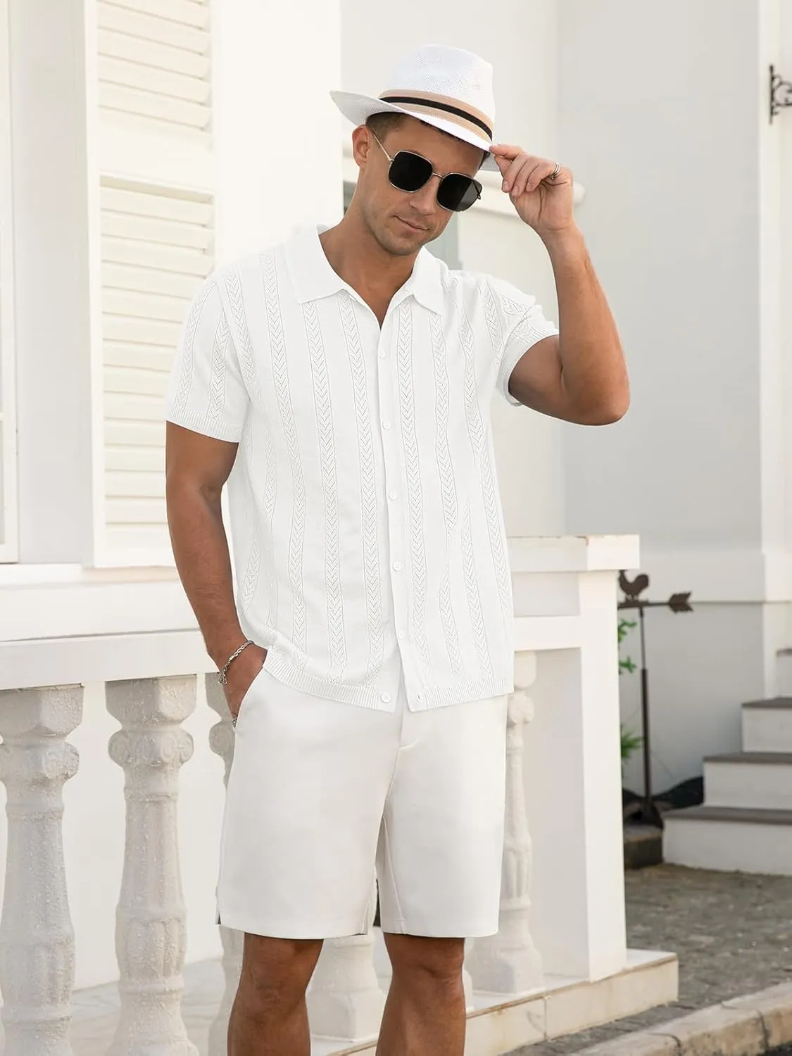 RQP Men's Casual Button Down Shirt Short Sleeve Vintage Clothes Knit Polo Shirts Summer Beach Shirts