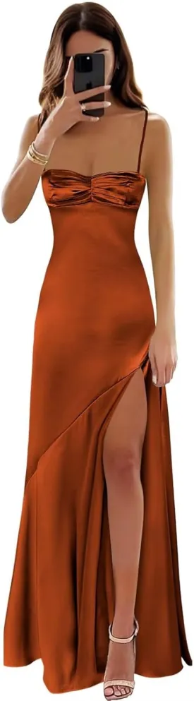 Satin Corset Prom Dresses Long Spaghetti Straps A-Line Pleated Bridesmaid Dress Formal Evening Gowns with Slit