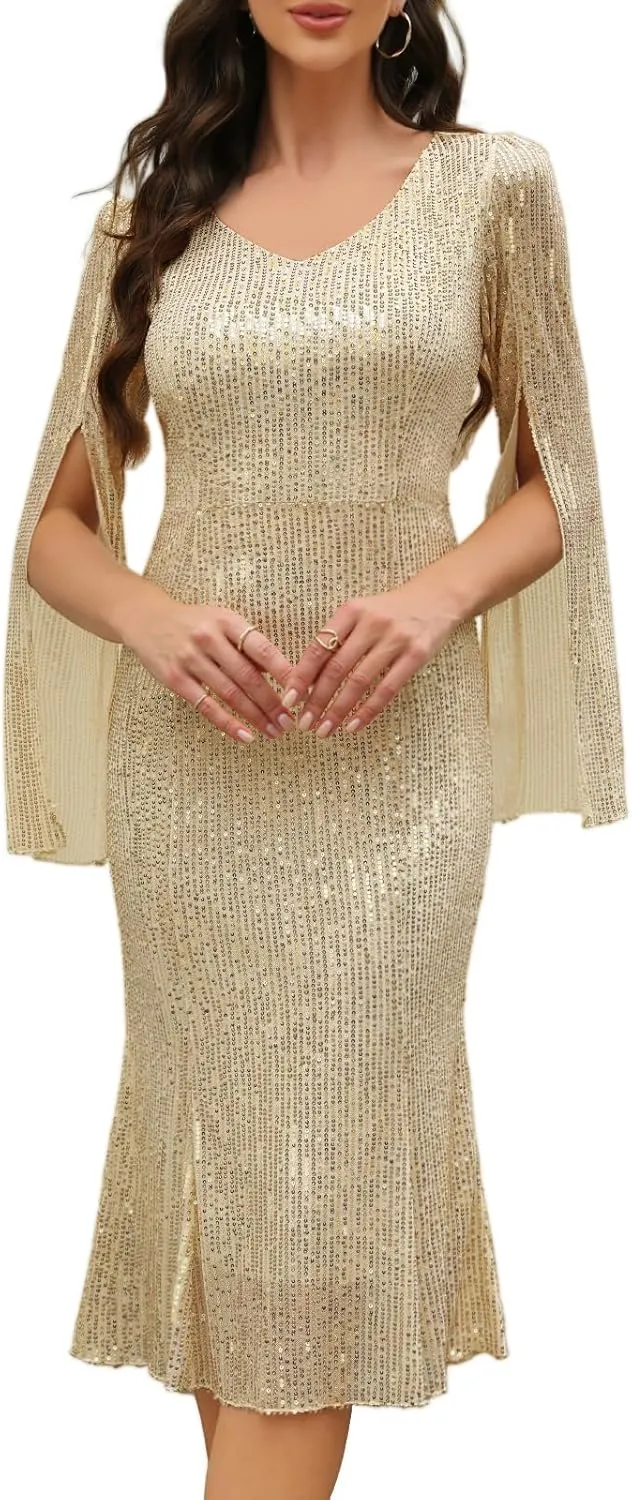 Sequin Cocktail Formal Dresses for Women,Weddings Guest Evening Party Gowns Slim Midi Fishtail Dress