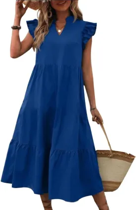Summer Dresses for Women V Neck Cap Sleeve Ruffle Hem Long Dress Smock Dress High Waist Ruffle Tiered Beach Maxi Dress