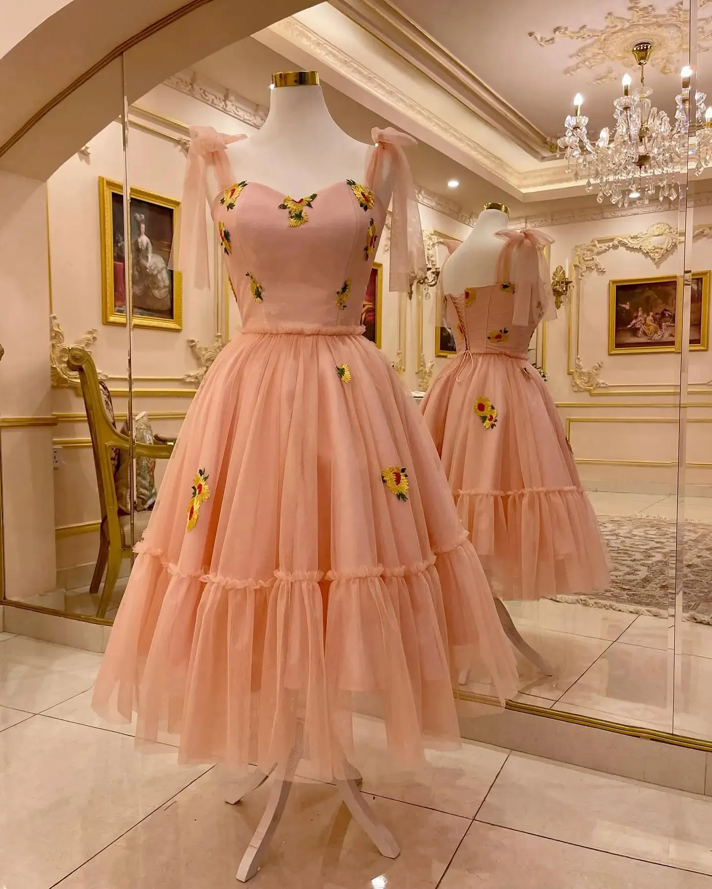 TAVIMART  -  Sweet Flowers Mesh Prom Dresses Pretty Bow Floral Tulle Evening Party Dress Cute V Neck Tea-length Pageant Prom Gowns Z