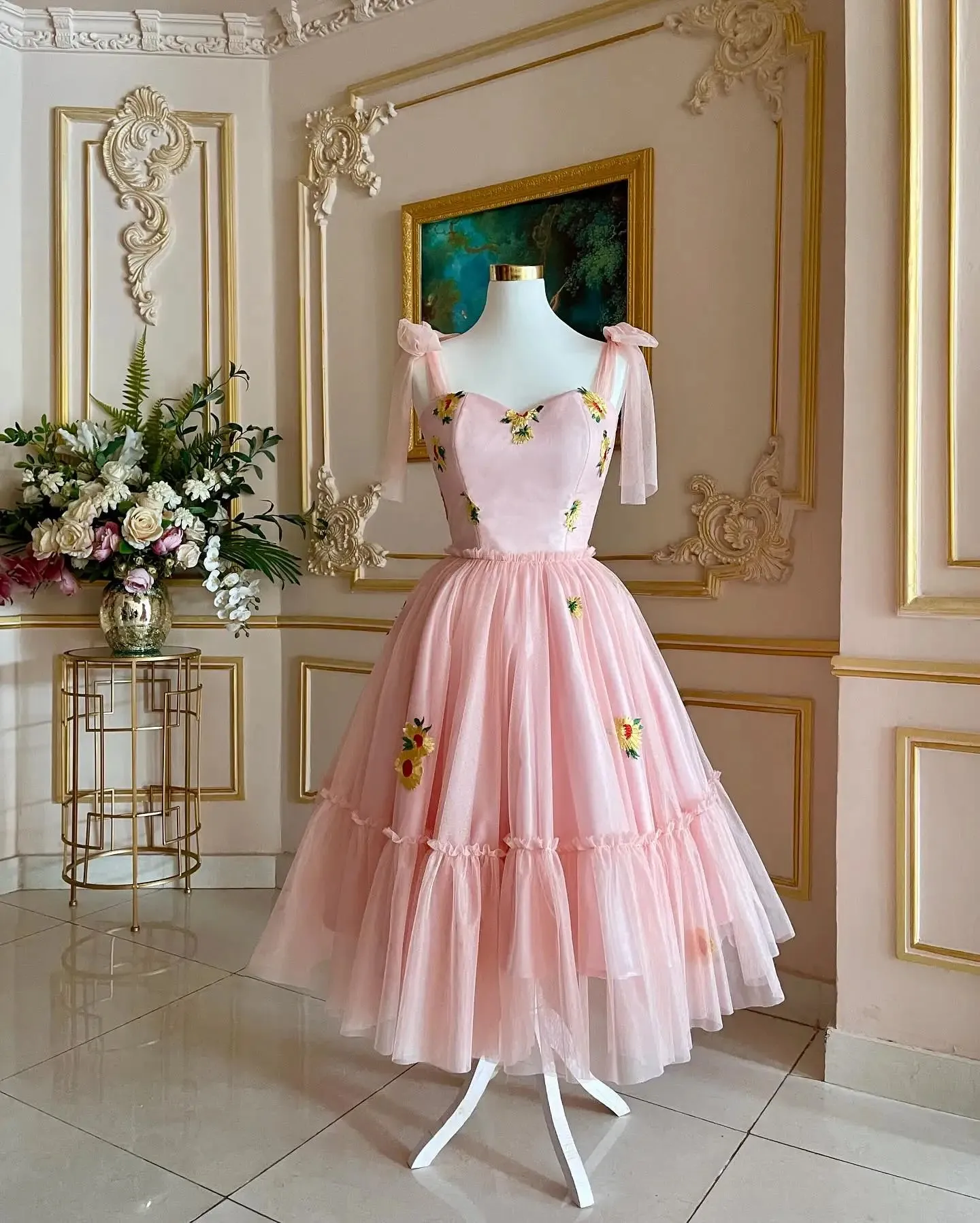 TAVIMART  -  Sweet Flowers Mesh Prom Dresses Pretty Bow Floral Tulle Evening Party Dress Cute V Neck Tea-length Pageant Prom Gowns Z