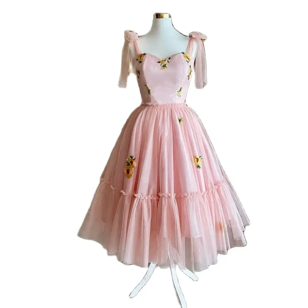 TAVIMART  -  Sweet Flowers Mesh Prom Dresses Pretty Bow Floral Tulle Evening Party Dress Cute V Neck Tea-length Pageant Prom Gowns Z