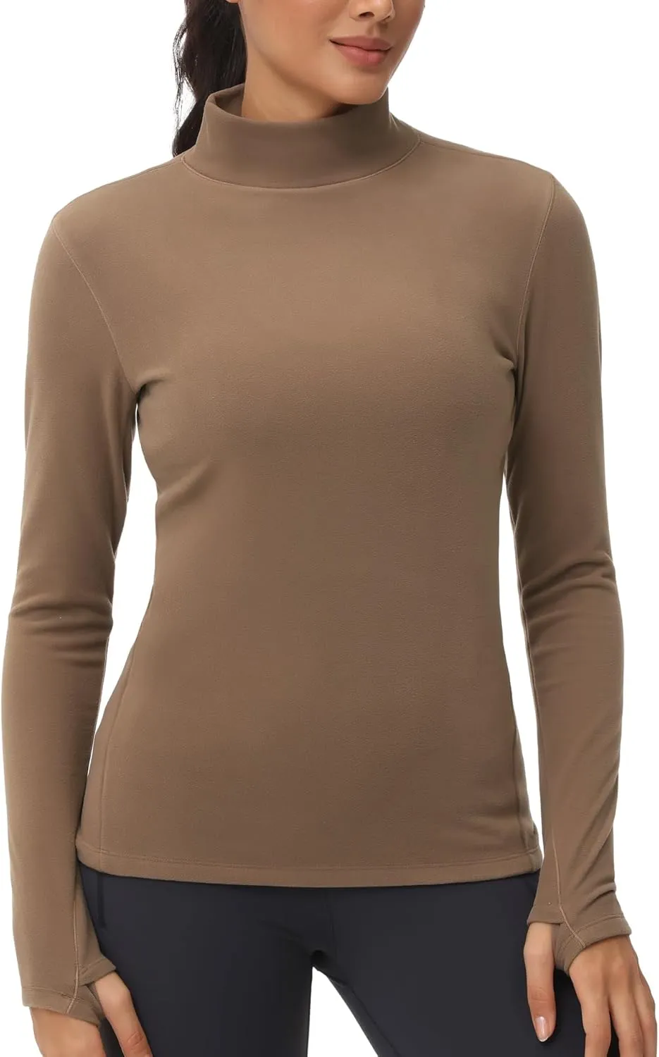 THE GYM PEOPLE Women's Mock Turtleneck Long Sleeve Shirts Fleece Thermal Underwear Pullover Tops with Thumb Hole
