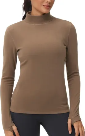 THE GYM PEOPLE Women's Mock Turtleneck Long Sleeve Shirts Fleece Thermal Underwear Pullover Tops with Thumb Hole