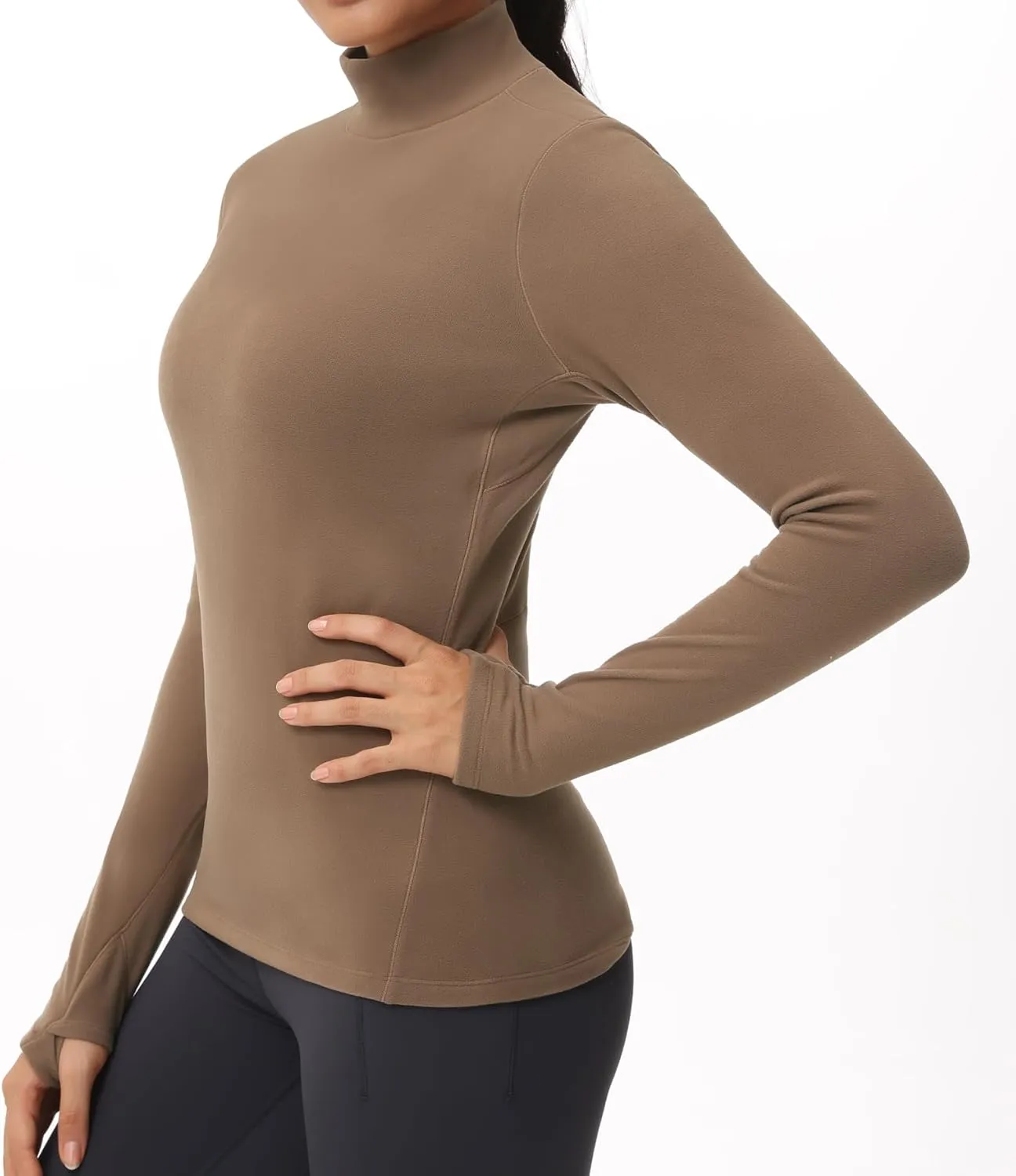THE GYM PEOPLE Women's Mock Turtleneck Long Sleeve Shirts Fleece Thermal Underwear Pullover Tops with Thumb Hole