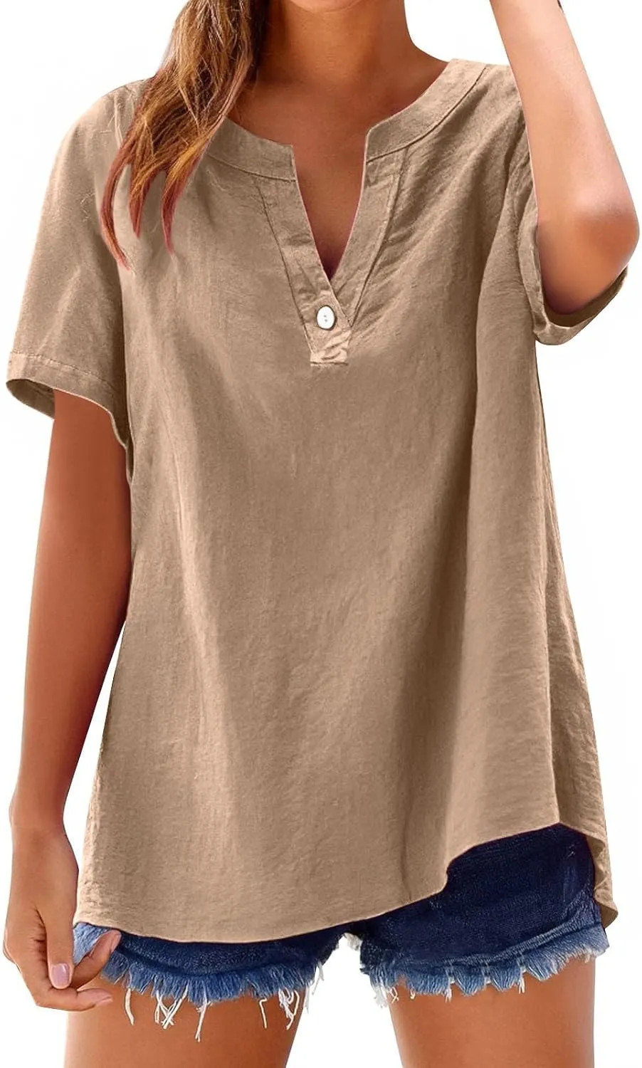 Tops for Women Trendy Summer 2025 Cotton Linen Shirts Short Sleeve V Neck Blouses Casual Tunic Loose Fit Outfits