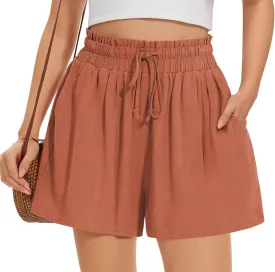 UEU Womens Linen Pants Summer Wide Leg Casual Loose High Waist Drawstring Palazzo Capri with Pockets- 25" / 20" / 3" Inseam