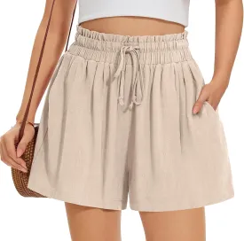 UEU Womens Linen Pants Summer Wide Leg Casual Loose High Waist Drawstring Palazzo Capri with Pockets- 25" / 20" / 3" Inseam