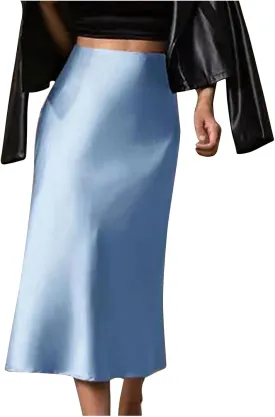 Womens Satin Skirts Business Casual Silk Midi Skirt High Waisted Long Skirts Solid Color Elegant Pencil Work Skirts