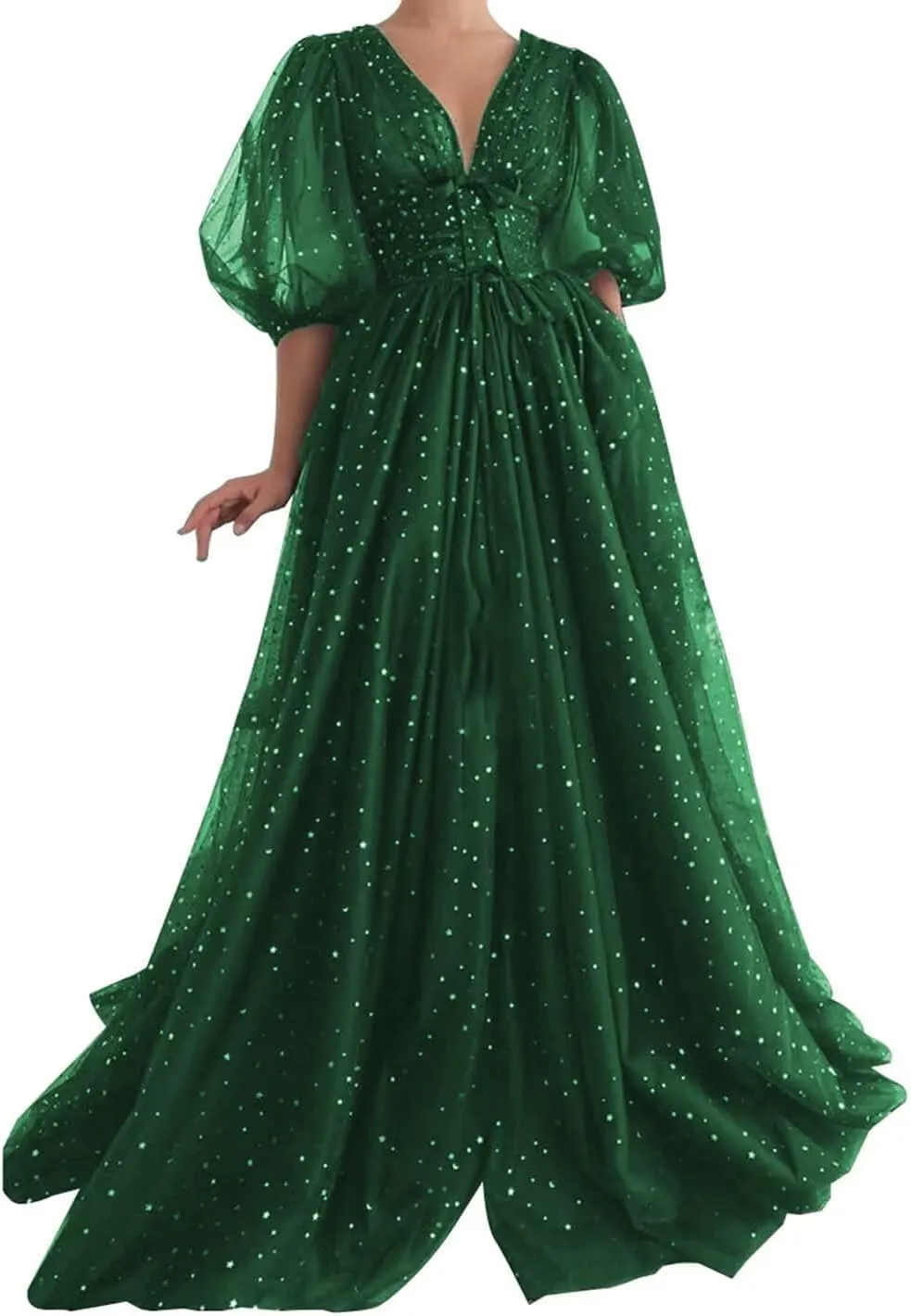 Women's Sparkle Starry Tulle Prom Dresses Puffy Sleeve Evening Gowns Long Slit Formal Party Dress with Pockets