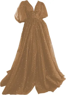 Women's Sparkle Starry Tulle Prom Dresses Puffy Sleeve Evening Gowns Long Slit Formal Party Dress with Pockets