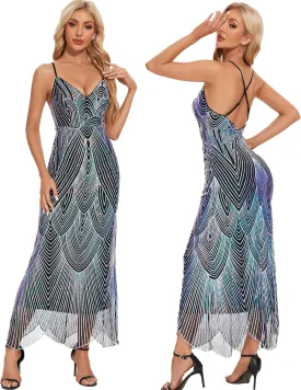 Women's V Neck Spaghetti Straps Sequin Sparkly Glitter Irregular Hem Prom Dress Bcakless Maxi Evening Gowns