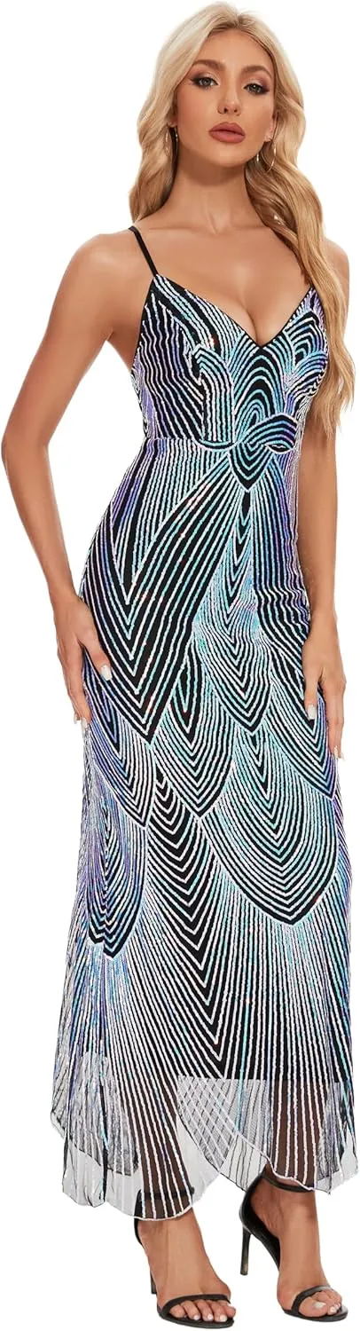 Women's V Neck Spaghetti Straps Sequin Sparkly Glitter Irregular Hem Prom Dress Bcakless Maxi Evening Gowns